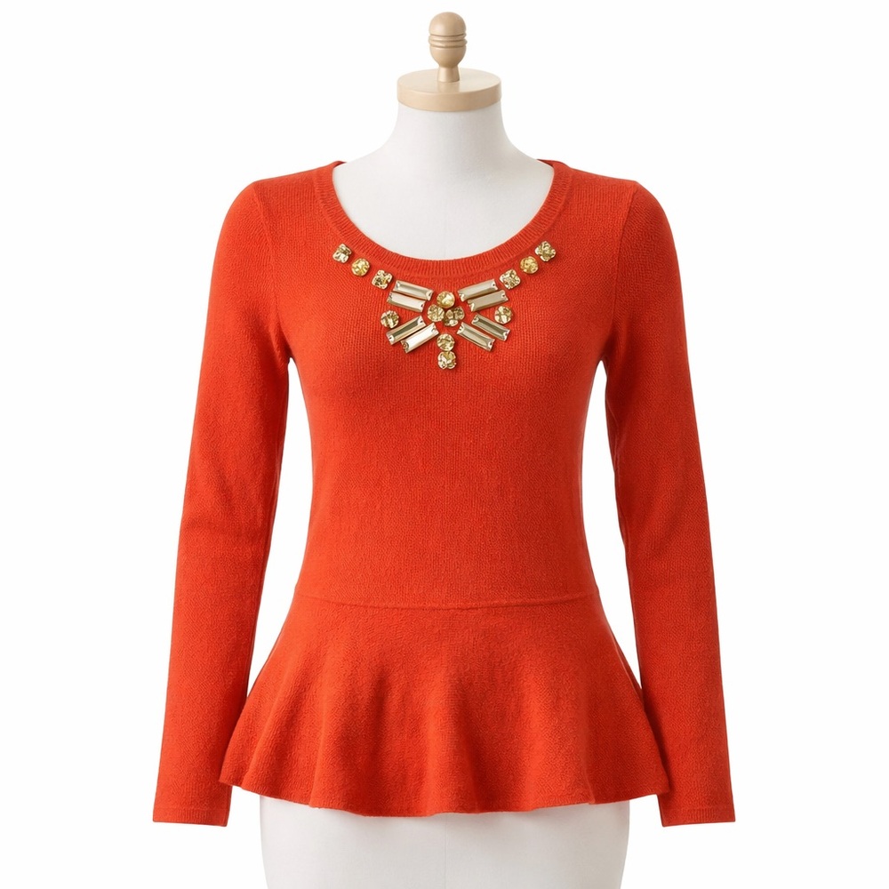 Banana Republic Cashmere Wool Peplum Sweater | Embellished Neckline | S